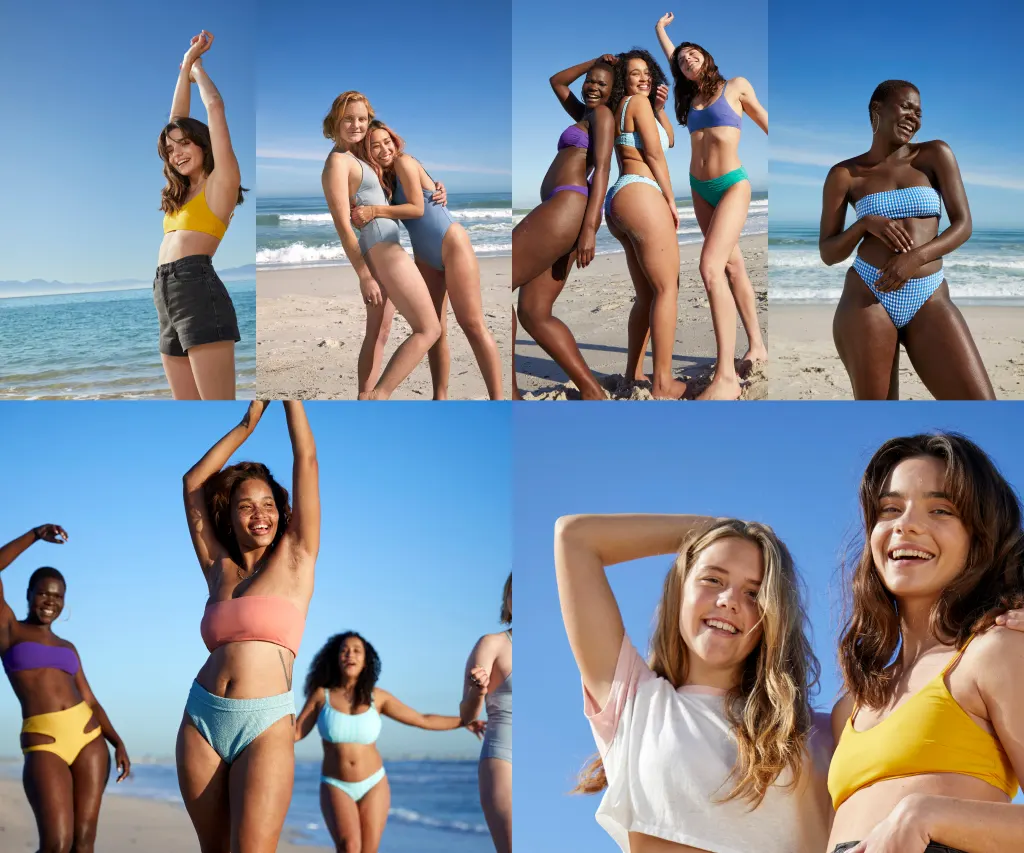 Collage de imágenes con mujeres divirtiéndose en la playa.