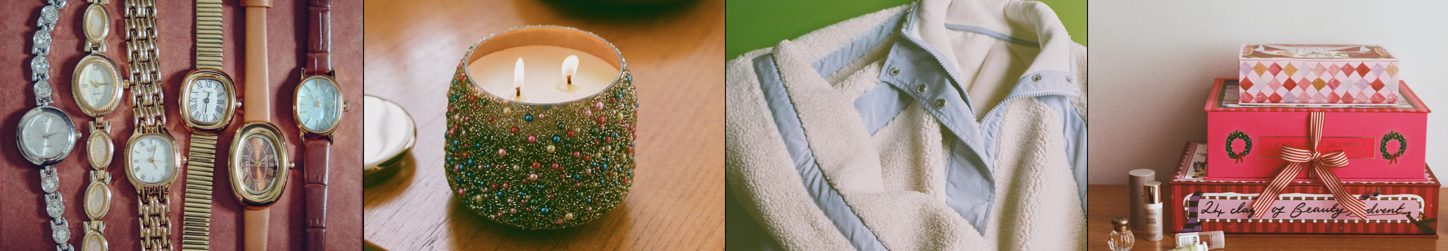 Collage of vintage watches, jeweled candle, sherpa jacket, and holiday gift boxes on neutral backgrounds.