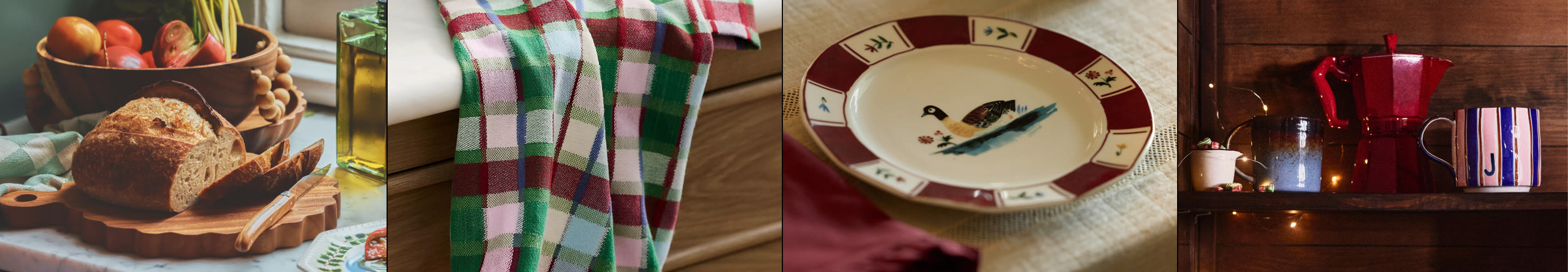Four-panel image: sliced bread on cutting board, red and green plaid towel, decorative plate with bird design, and colorful mugs.