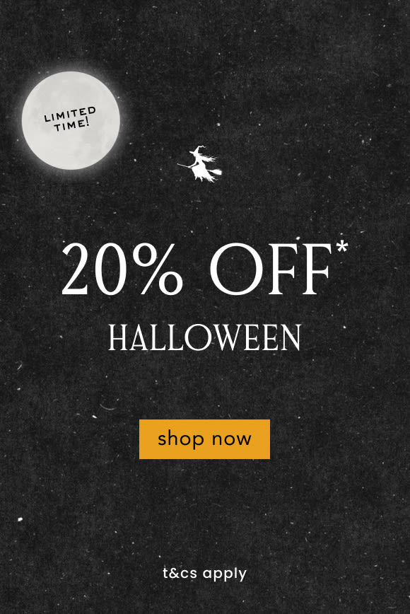 Halloween sale banner with witch silhouette flying across starry night sky, moon reading LIMITED TIME, 20% OFF text, shop now button