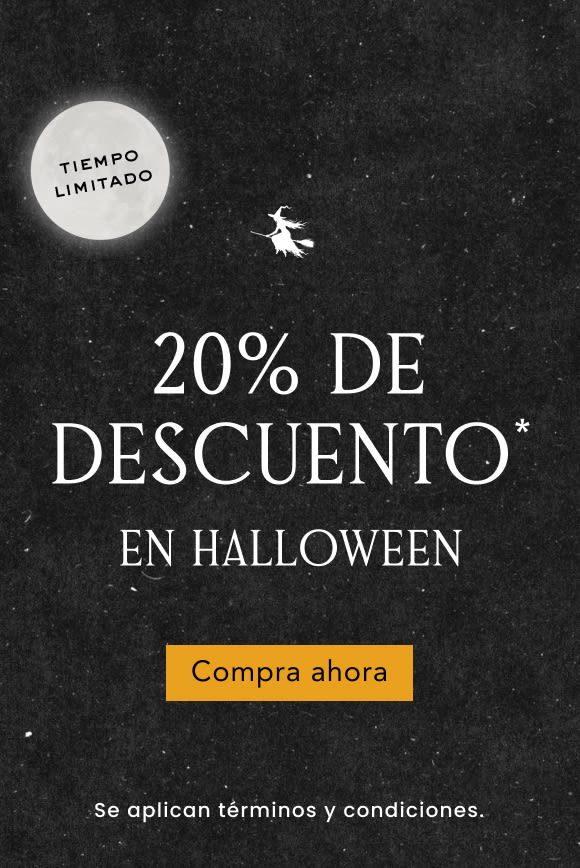 Halloween sale banner with witch silhouette flying across starry night sky, moon reading LIMITED TIME, 20% OFF text, shop now button