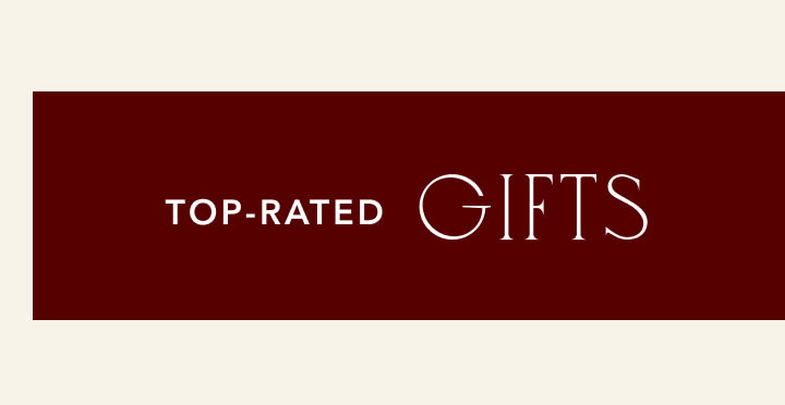Deep burgundy banner with white text reading TOP-RATED GIFTS in modern serif font on beige background