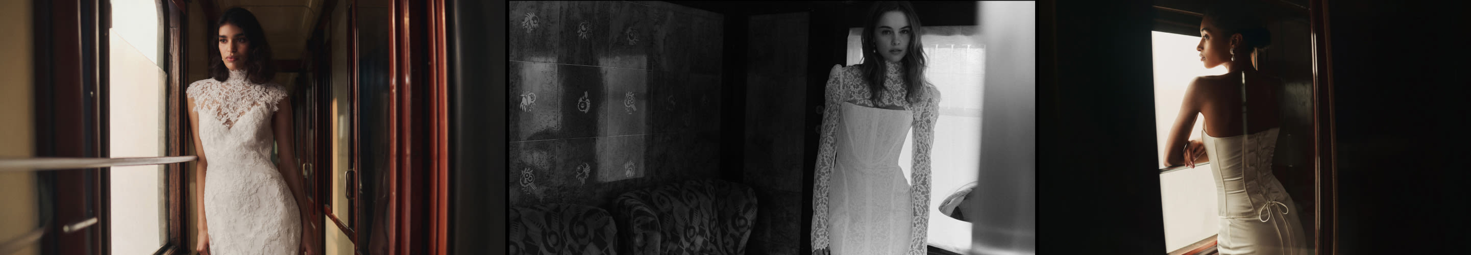 Four images of a woman in white lace wedding dresses in various elegant poses within a dimly lit interior setting.