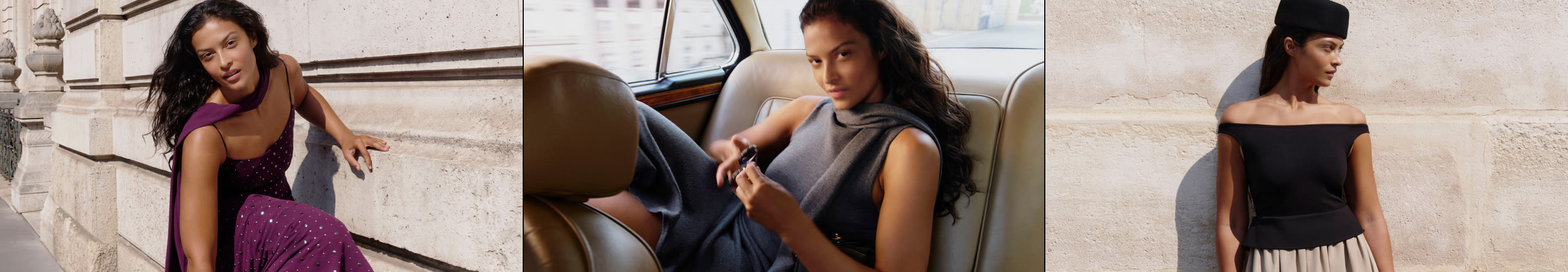 Three fashion photos: woman in purple dress on stone steps, woman in gray top in vintage car, woman in black off-shoulder top.