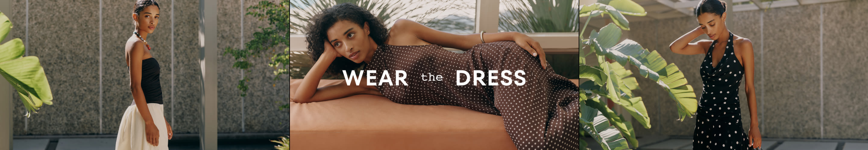 Three images of women in dresses with text "WEAR the DRESS" overlaid in white letters on the center image.