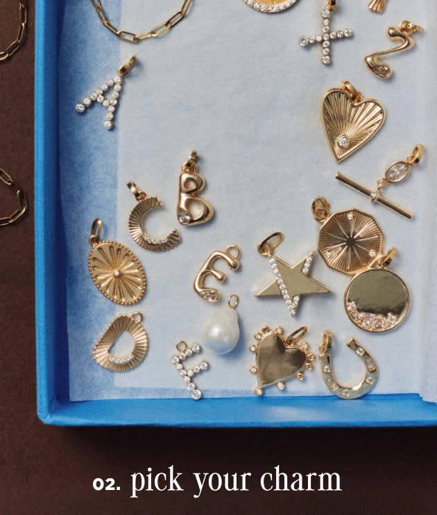 Assorted gold and pearl jewelry charms displayed on a blue surface with text reading "02. pick your charm"