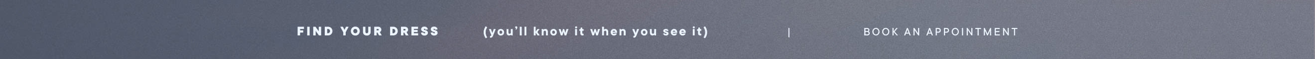 Gray banner with white text reading "FIND YOUR DRESS (you'll know it when you see it)" and "BOOK AN APPOINTMENT"