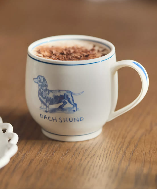 White ceramic mug with blue trim featuring a dachshund illustration and text reading "DACHSHUND" filled with hot chocolate on wooden table.