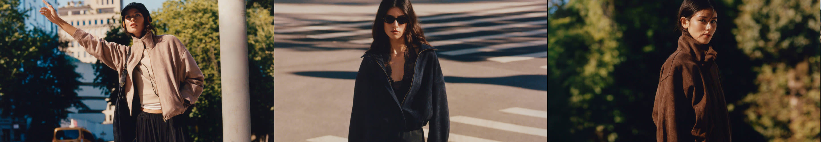 Three fashion photos: woman in beige jacket and hat outdoors, woman in black blazer and sunglasses on street, woman in brown scarf.