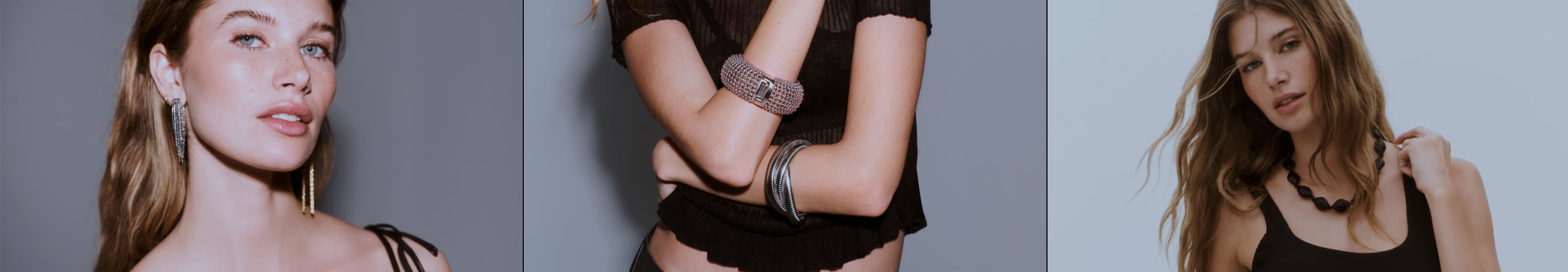 Three models wearing jewelry including long gold earrings, pink crystal bracelets, silver bangles, and a black beaded necklace.