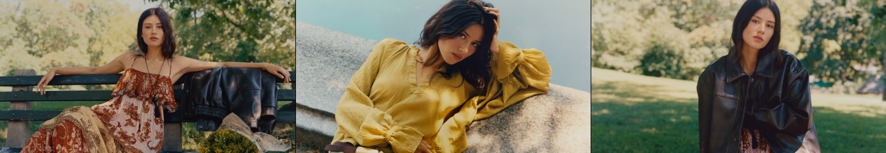 Three photos of a woman in different outfits: floral dress on park bench, yellow blouse reclining, and black leather jacket outdoors.