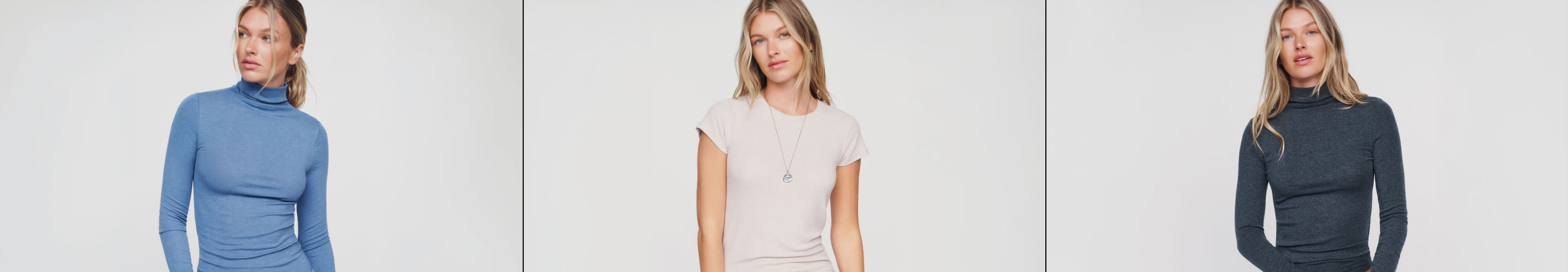 Three women modeling fitted tops: blue turtleneck on left, beige short-sleeve tee in center, dark gray turtleneck on right.