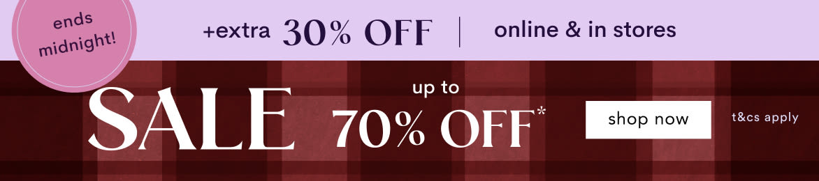 Red plaid banner reading "you asked, we answered ends midnight! +extra 30% OFF SALE up to 70% OFF* shop now"
