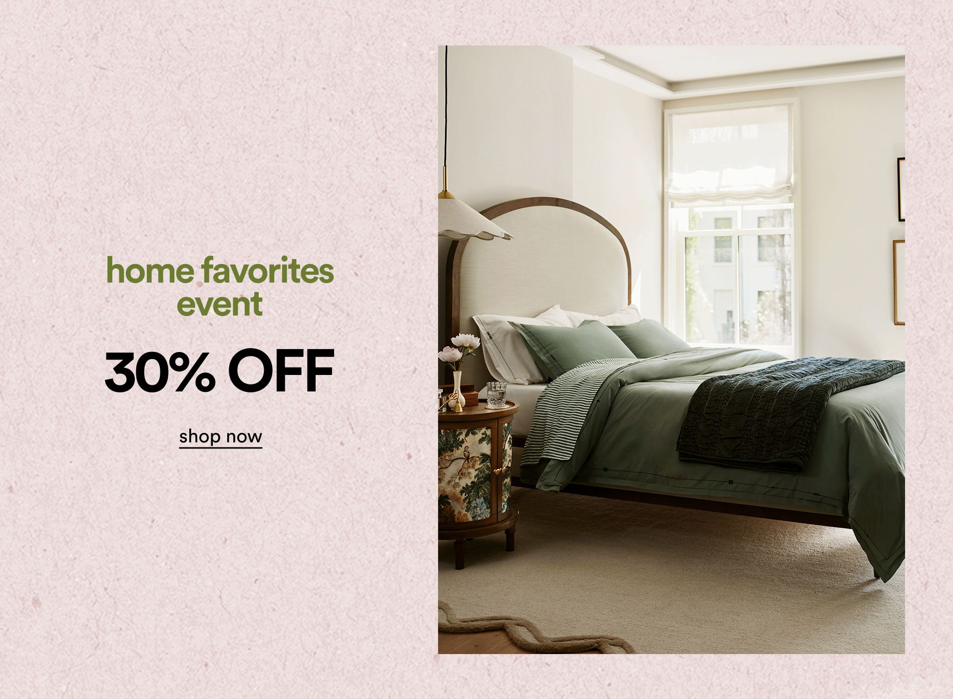 gifing images of highlighting bedding, pillow, and towels text reading home favorites event 30% OFF shop now on pink textured background