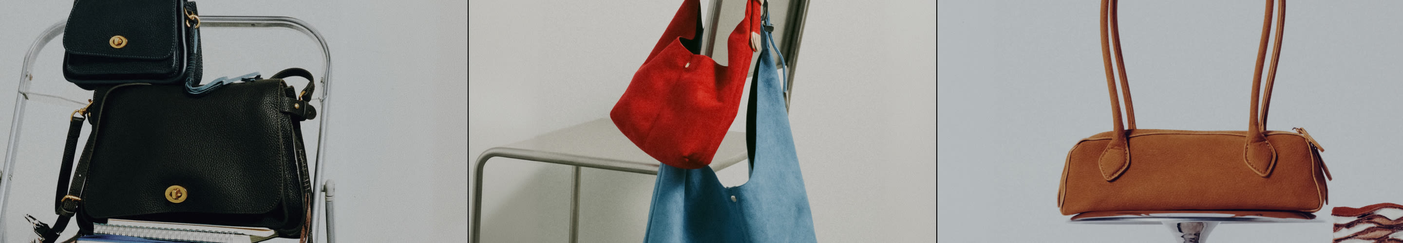 Three images showing handbags on chairs: black leather bags on left, red and blue suede bags in center, tan leather bag on right.