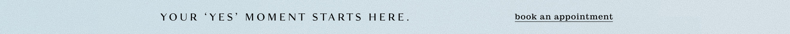 Text on light blue background reading "YOUR 'YES' MOMENT STARTS HERE." with "book an appointment" link on right side.
