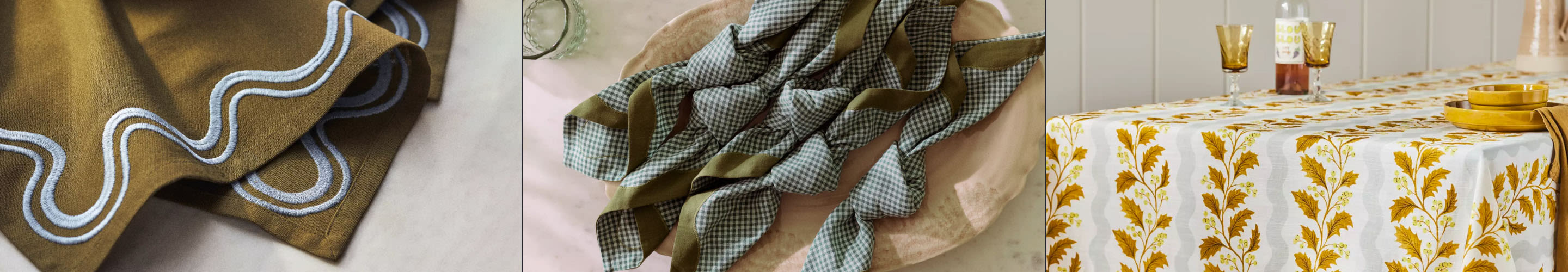 Three images showing decorative textiles: olive fabric with white wavy trim, gingham ruffled fabric, and table with golden leaf-patterned cloth.