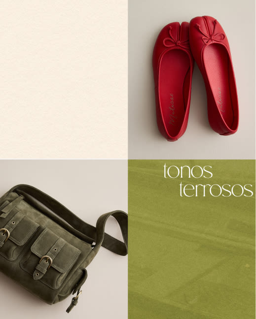Red ballet flats with bow detail and olive green messenger bag displayed on neutral and green backgrounds with earthy tones text.