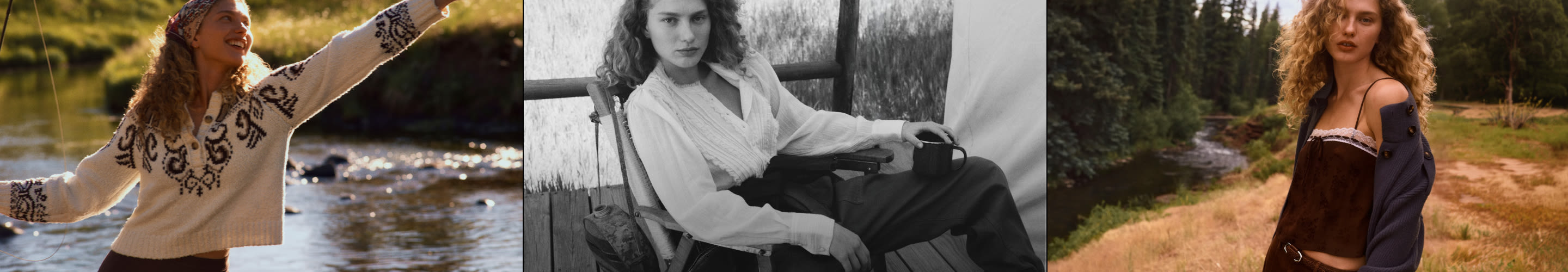 Three fashion photos: woman in embroidered sweater holding skateboard outdoors, black and white portrait of woman seated, woman in off-shoulder top by forest stream