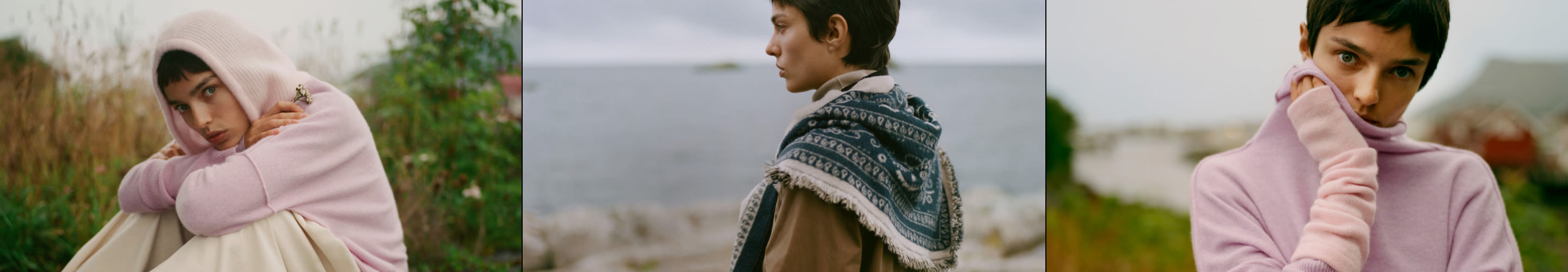 Three photos of models wearing scarves and sweaters in outdoor settings with natural backgrounds.