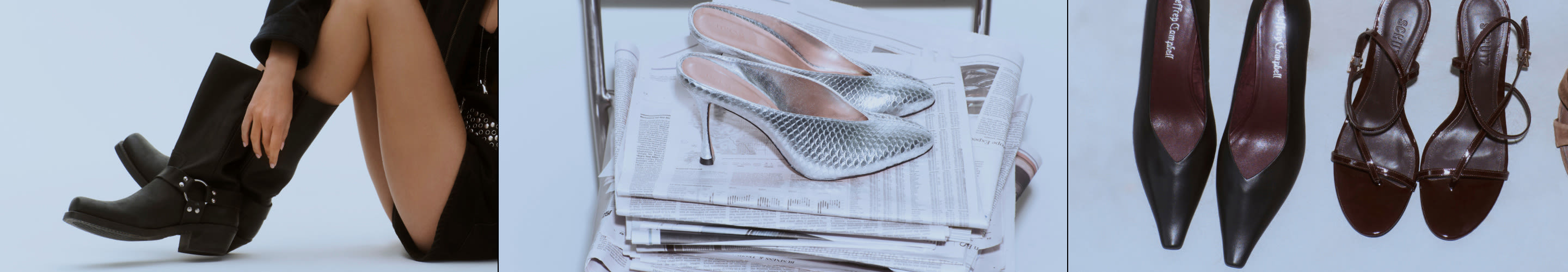 Three images showing women's shoes: black boots with chain detail, silver metallic mules on newspapers, and burgundy heels.