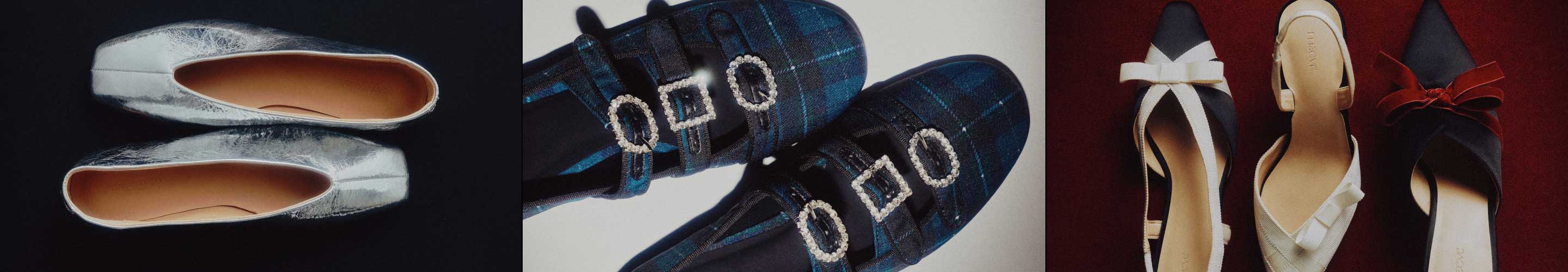Three panels showing different women's shoes: white fuzzy slippers, blue plaid flats with jeweled buckles, and cream slingback heels.