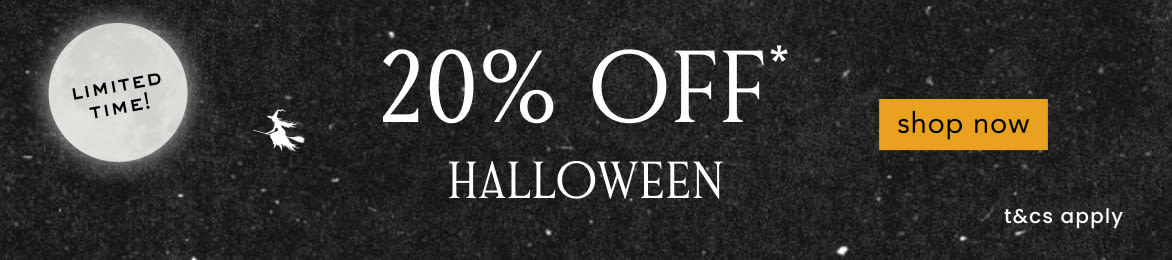 Halloween sale banner with witch silhouette, moon reading "LIMITED TIME!", text "20% OFF* HALLOWEEN", and orange "shop now" button.