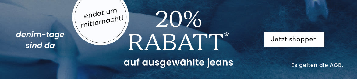 Denim sale banner showing limited time 20% OFF selected jeans with shop now button on blue denim background
