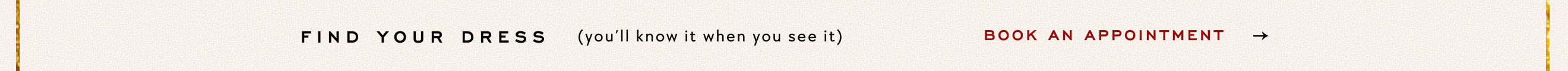 Text banner with 'FIND YOUR DRESS (you'll know it when you see it)' on left and 'BOOK AN APPOINTMENT' with arrow on right