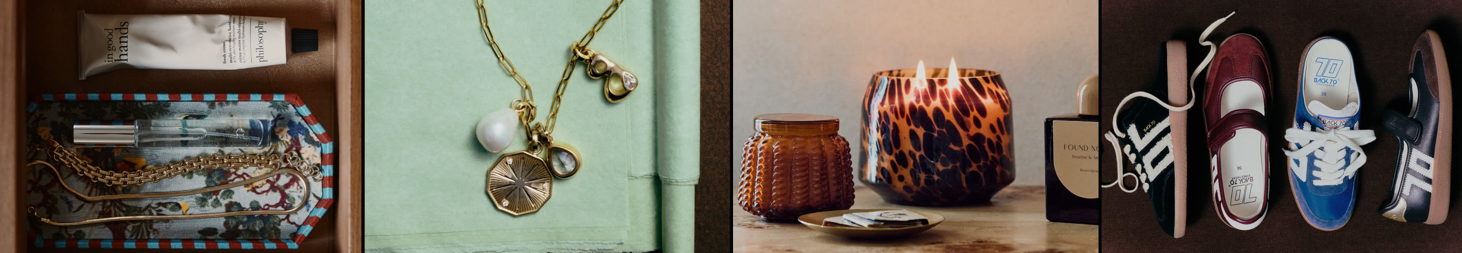 Four-panel image showing organized items: jewelry drawer, gold necklace on mint background, amber candles, and sneakers display.