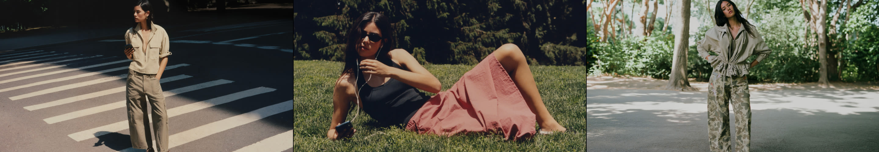Three photos of a woman in different outdoor settings wearing casual clothing including beige outfit, pink skirt, and olive green ensemble