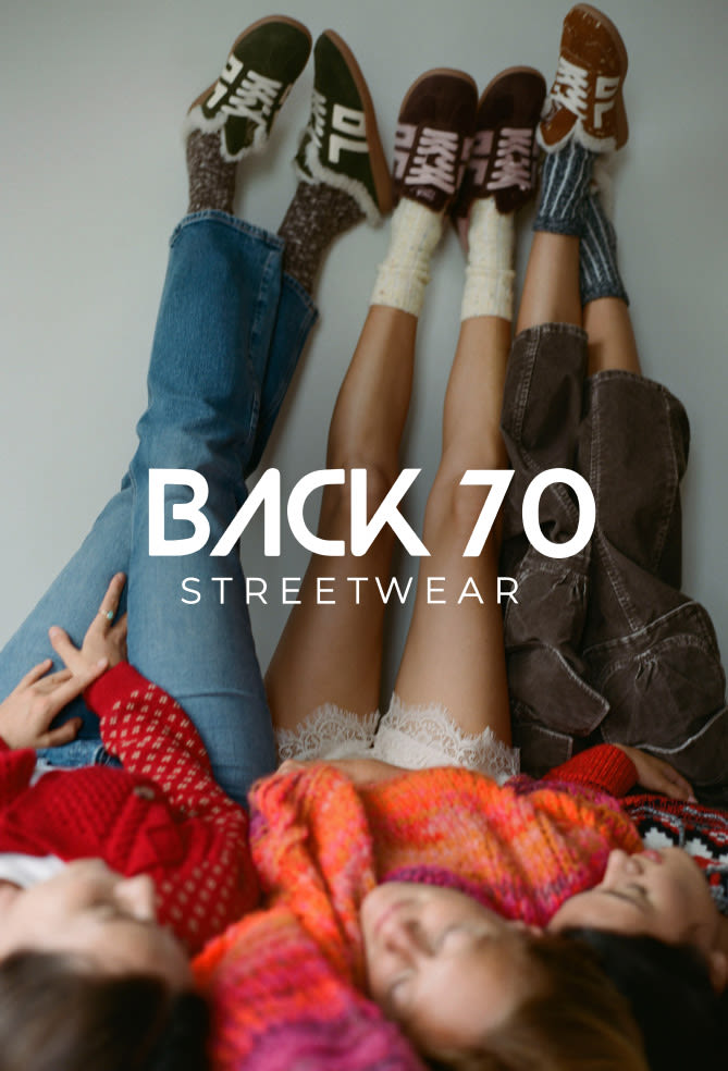 Three people lying down wearing colorful sneakers and jeans with text overlay reading BACK TO STREETWEAR