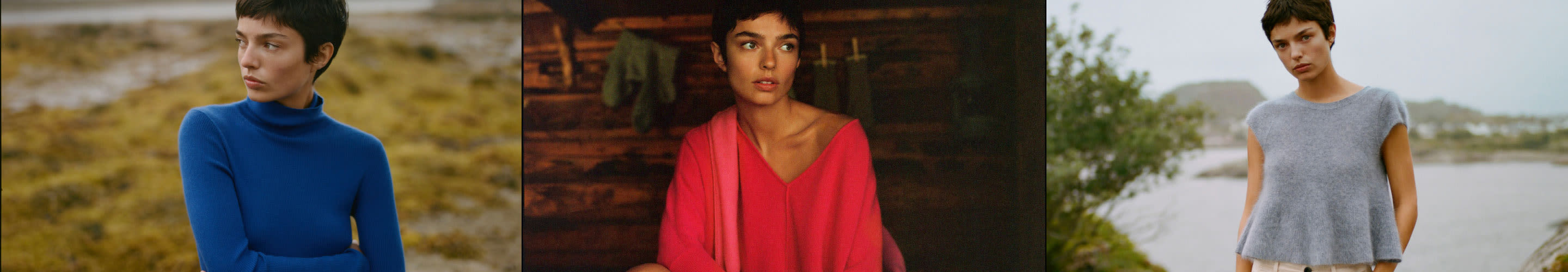 Three photos of a woman modeling different colored tops: blue turtleneck outdoors, red v-neck indoors, gray short-sleeve outdoors.