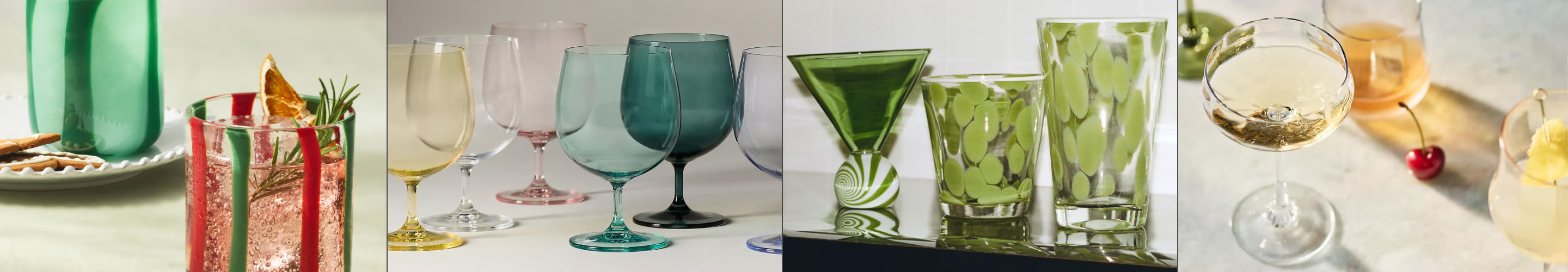 Four beverages in different glassware: pink ombre cocktail, white drink with ice, whiskey with ice sphere, and soup in decorative mug.