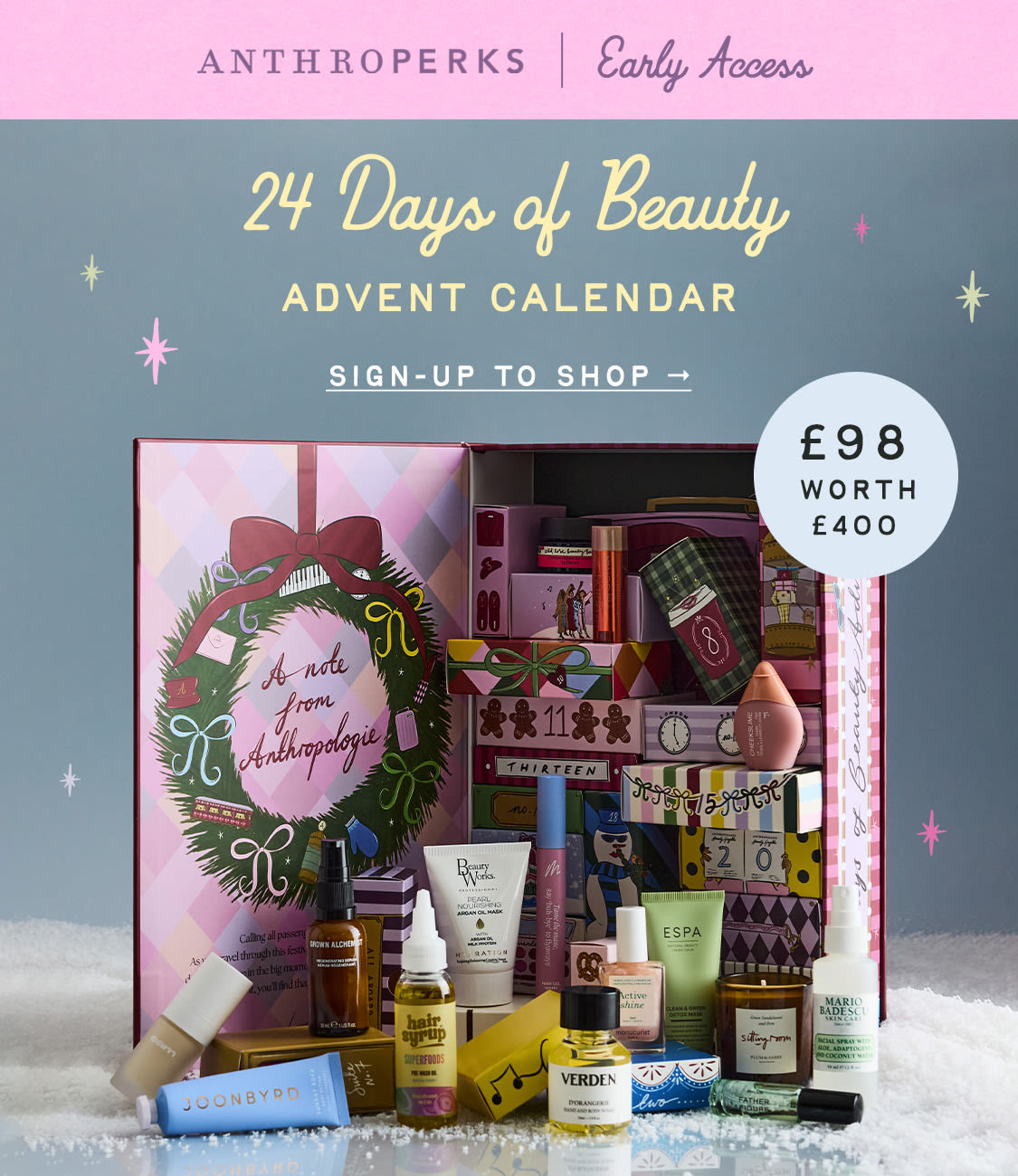 Anthropologie 24 Days of Beauty Advent Calendar worth £400 with colorful product compartments and festive wreath design