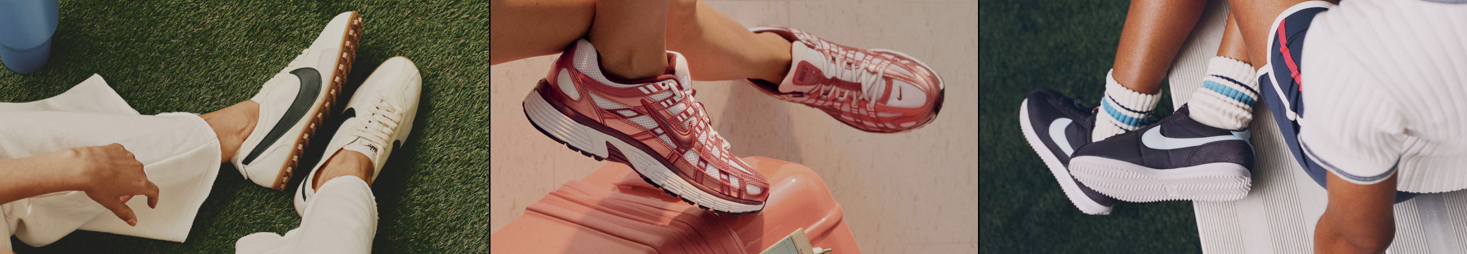Three images showing different sneakers: cream platform shoes on grass, pink striped running shoes, and navy-white sneakers.