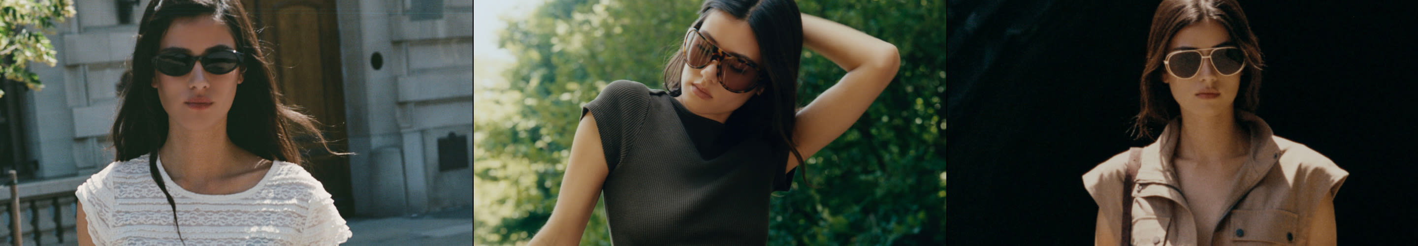 Three women modeling different styles of sunglasses in outdoor settings with natural lighting and greenery.