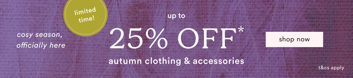 Purple textured banner advertising limited time sale with up to 25% OFF autumn clothing and accessories, shop now button