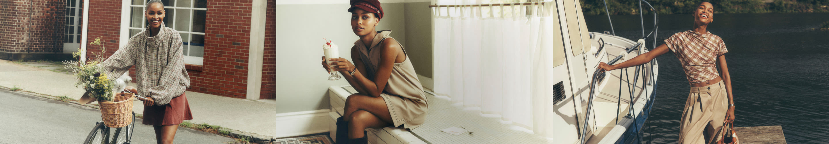 Three photos of a Black woman: riding a bike with flowers, sitting indoors with a drink, and standing on a boat smiling.