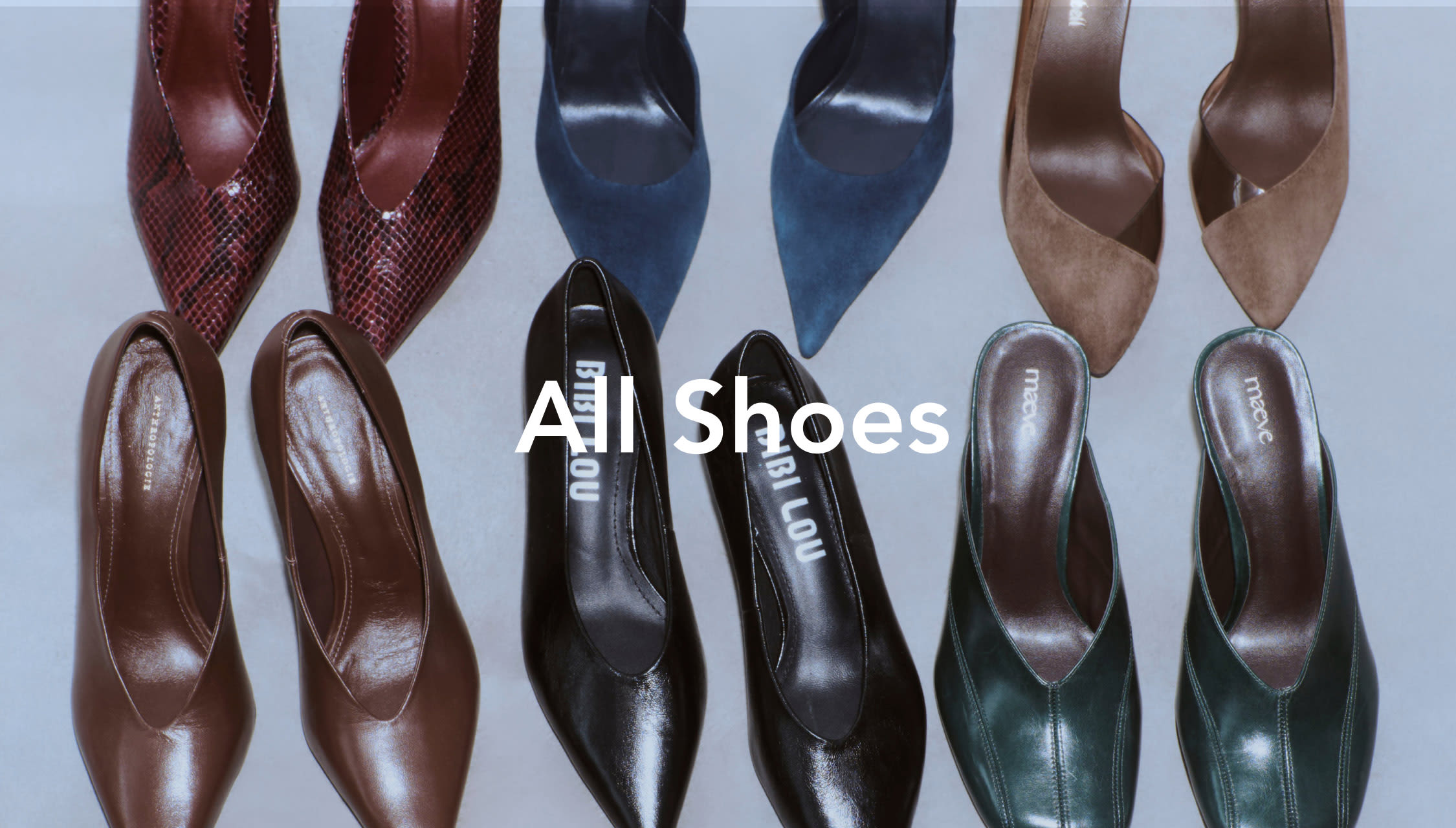 Assorted women's heels in brown, navy, black, and green leather with text overlay reading "All Shoes"