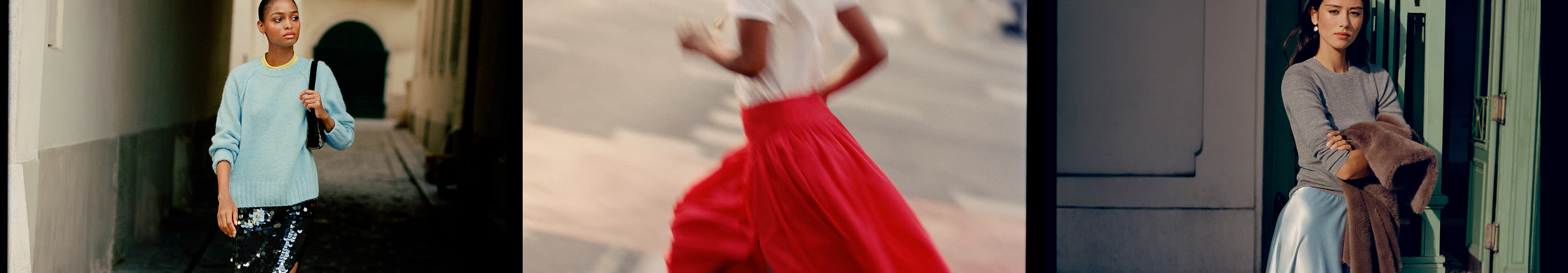 Three fashion images: woman in blue sweatshirt with sequin pants, person twirling in red flowing skirt, woman in gray top with jacket