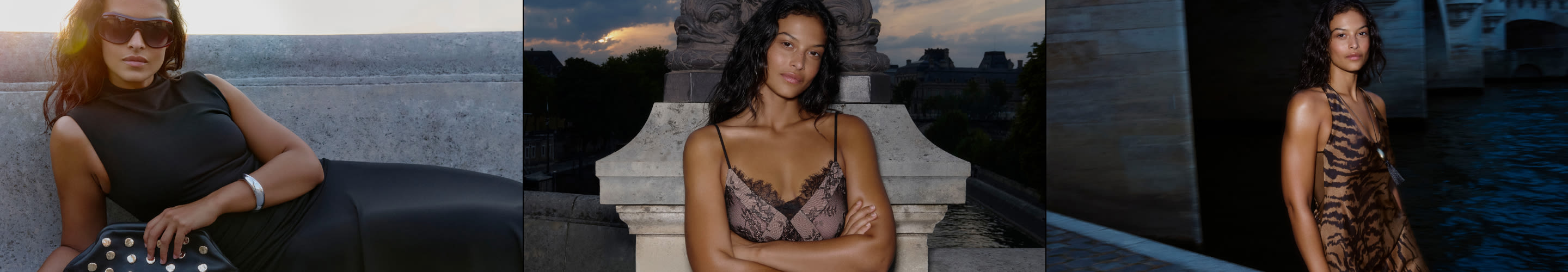 Three fashion photos: woman in black crop top and sunglasses by water, woman in snake print top at dusk, woman in animal print dress.