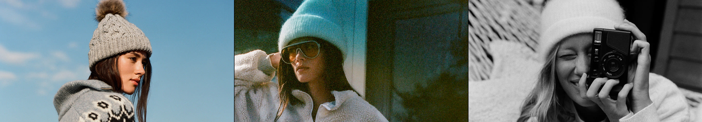 Three photos: woman in beige pom-pom hat outdoors, woman in turquoise beanie with sunglasses, woman taking photo with camera.