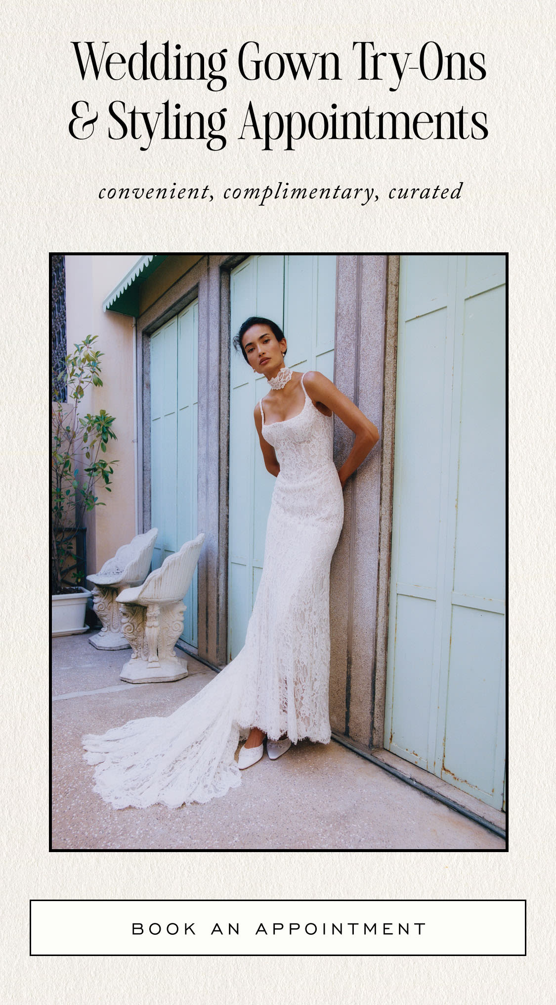 Wedding gown try-on and styling appointments promotional banner with bride in lace dress and vintage wedding photos
