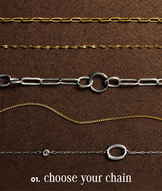 Five different chain styles in gold and silver displayed horizontally on brown background with text "01. choose your chain"
