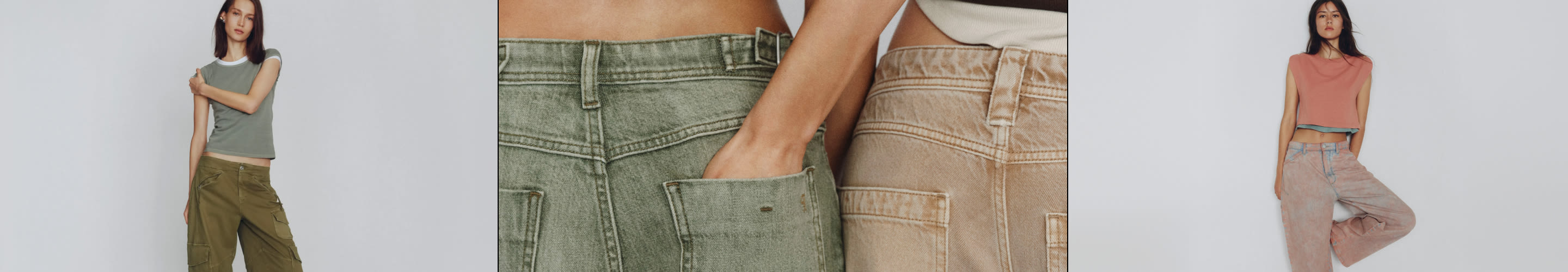 Three images showing women modeling casual pants: left shows olive cargo pants, center shows pocket detail, right shows pink pants.