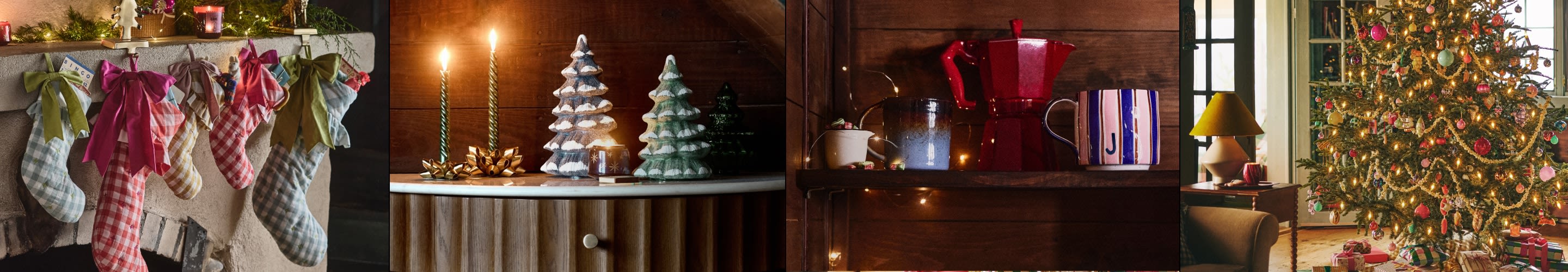 Four-panel collage of holiday decor: plaid stockings on mantel, ceramic tree candles, red coffee pot with mugs, decorated tree.