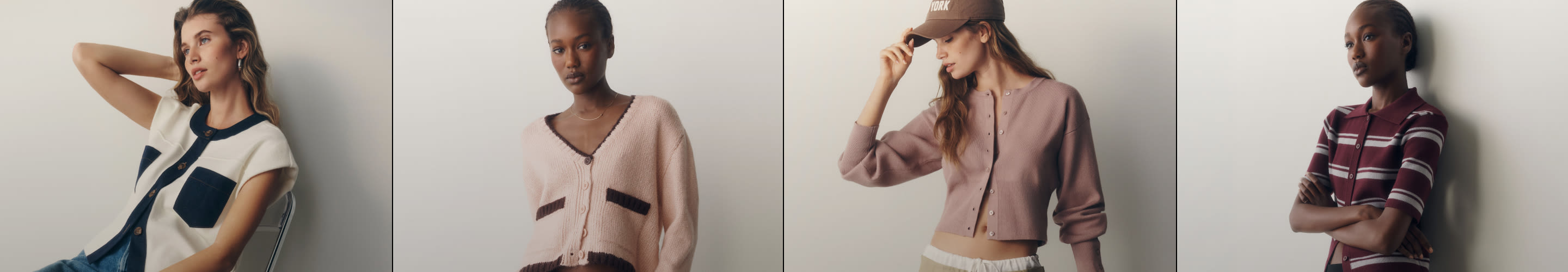 Four women modeling different casual fashion styles including color-blocked tops, cardigans, and striped sweaters.