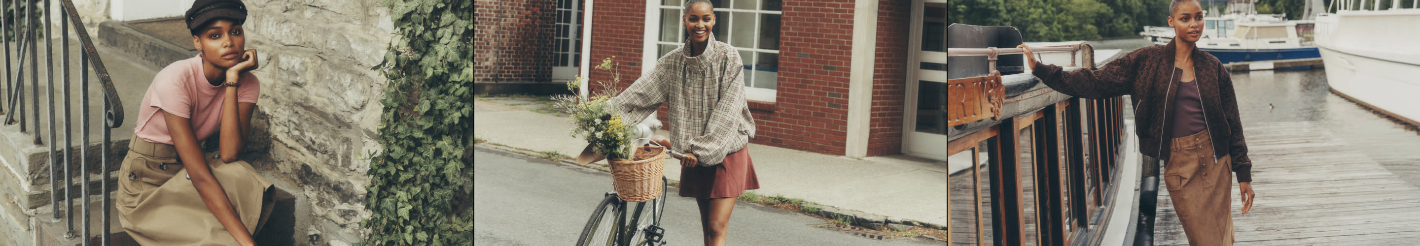 Three photos of a young Black woman: sitting on steps in pink top, riding bike with flower basket, standing by marina railing.