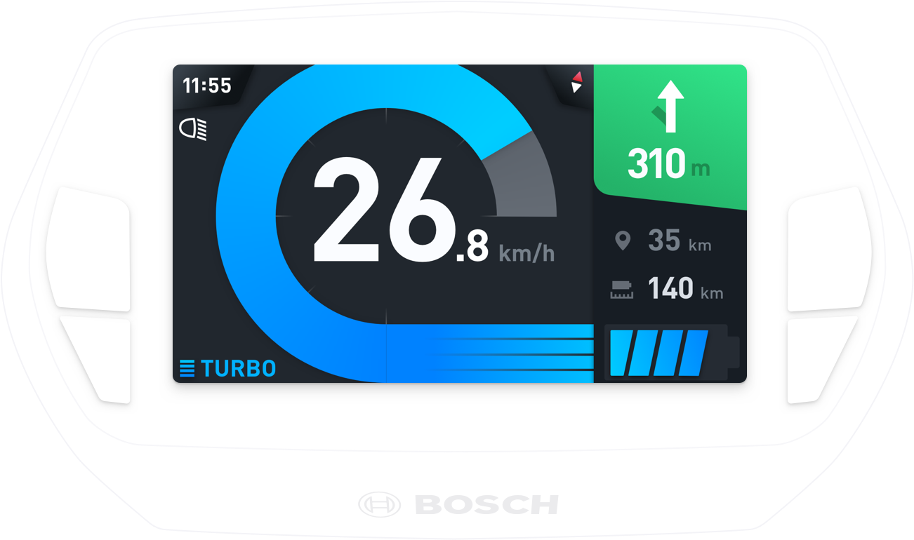 Nyon ride screen showing information like tachometer, battery state, support mode & navigation